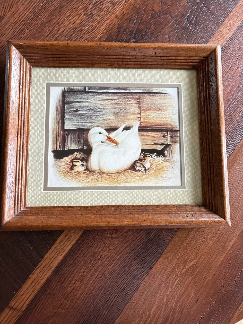 Vintage Art Print, “Duck With Ducklings” 1984 Kathleen Casey Matted Wood Frame